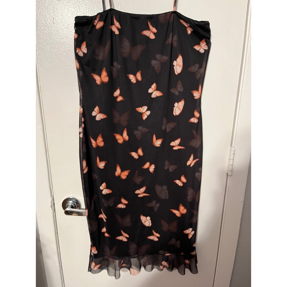 PrettyLittleThing Black Butterfly Mesh Midi Dress Ruffle Hem Size 14 Womens - Picture 9 of 10